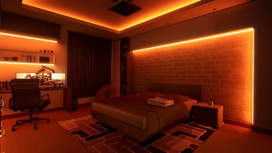 Professional home office with various desk lamps illuminating a organized workspace at different brightness levels