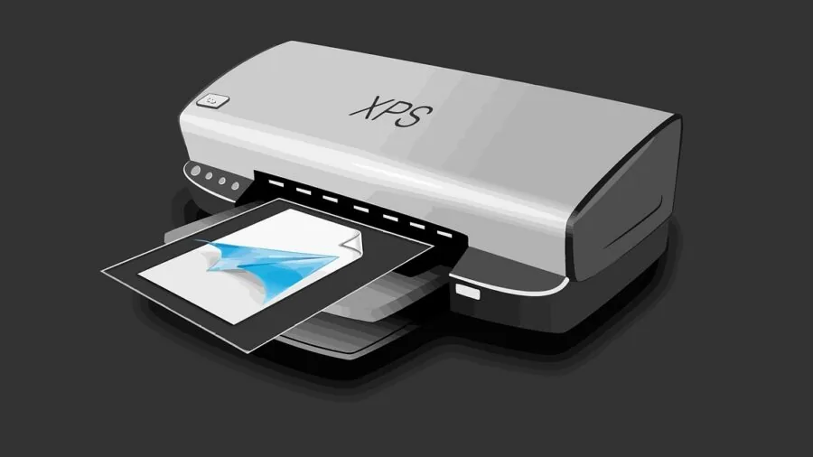 Professional working with portable printer at desk in bright office setting