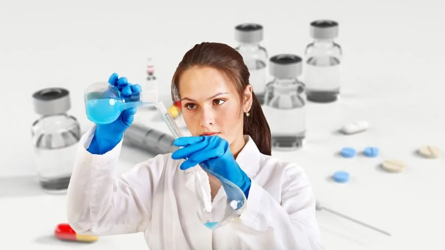 Researcher examining scientific instruments and taking notes in modern lab setting