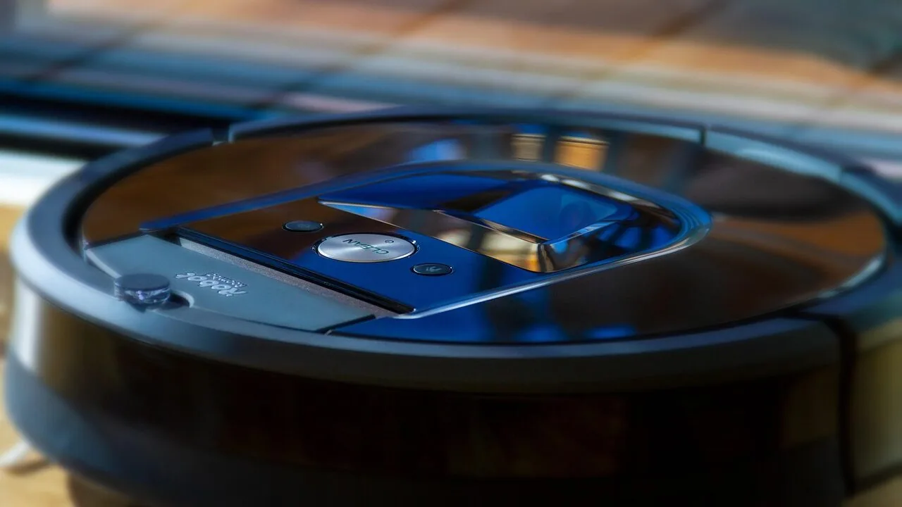 Robot vacuum and mop combo cleaning hardwood floor in modern living room