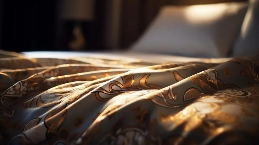 Rumpled bedspread draped over a mattress with pillows, showing fabric coverage and depth