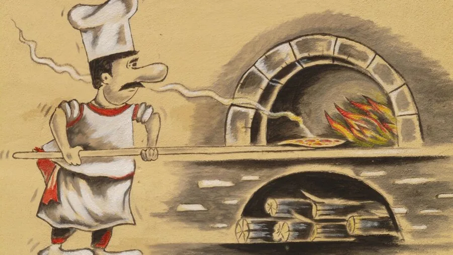 Rustic outdoor pizza oven on a weathered patio with natural lighting, showing durability and outdoor entertaining setup