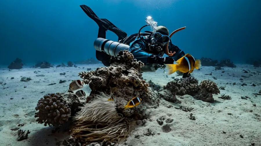 Scuba diver adjusting diving mask strap before entering ocean water