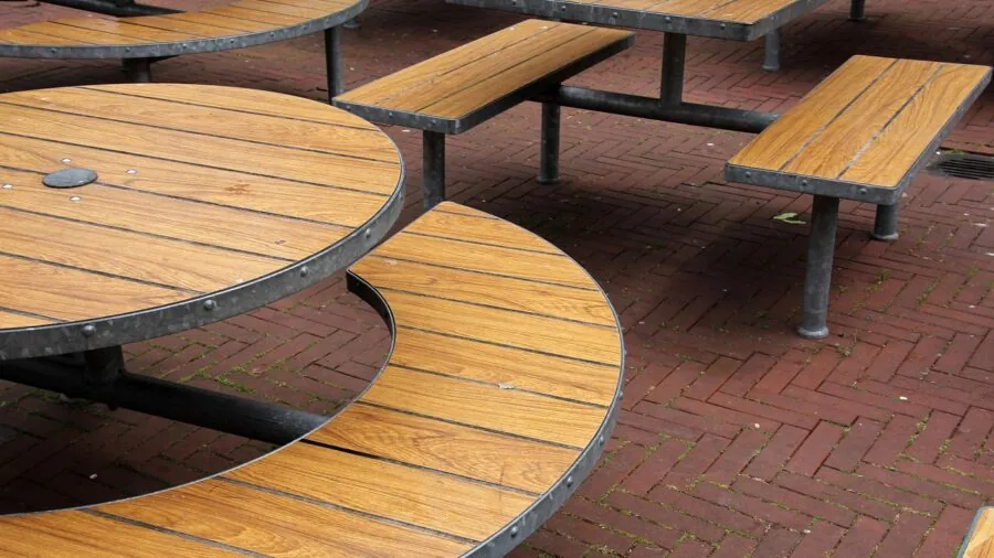 Spacious patio with area rug defining seating zone near outdoor furniture and landscaping