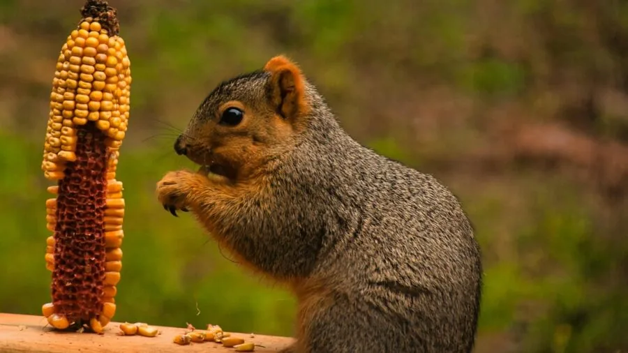 Squirrel attempting to access bird feeder in residential backyard setting