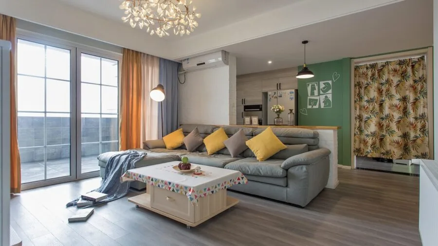 Stylish living room interior with wooden furniture and neutral decor blending seamlessly together
