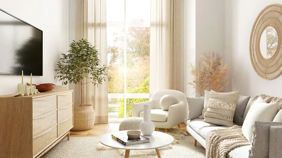 Sunlit modern living room with natural light streaming through windows, showcasing brightness and visibility