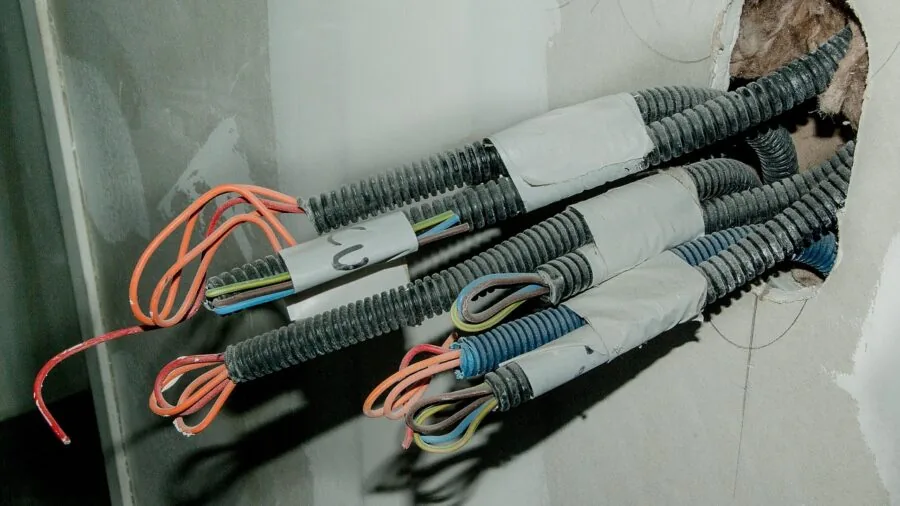 Technician carefully organizing and bundling electrical wires during installation work