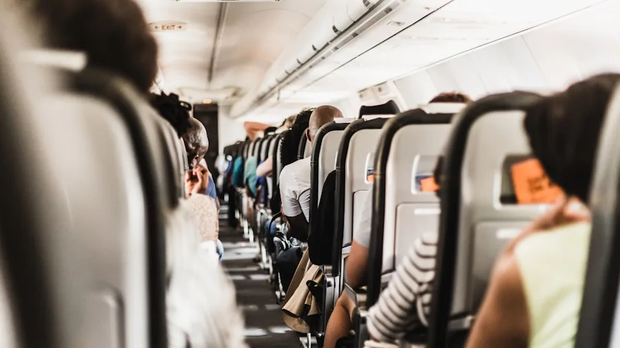 Traveler wearing comfortable headphones during long flight, relaxed posture in airplane seat