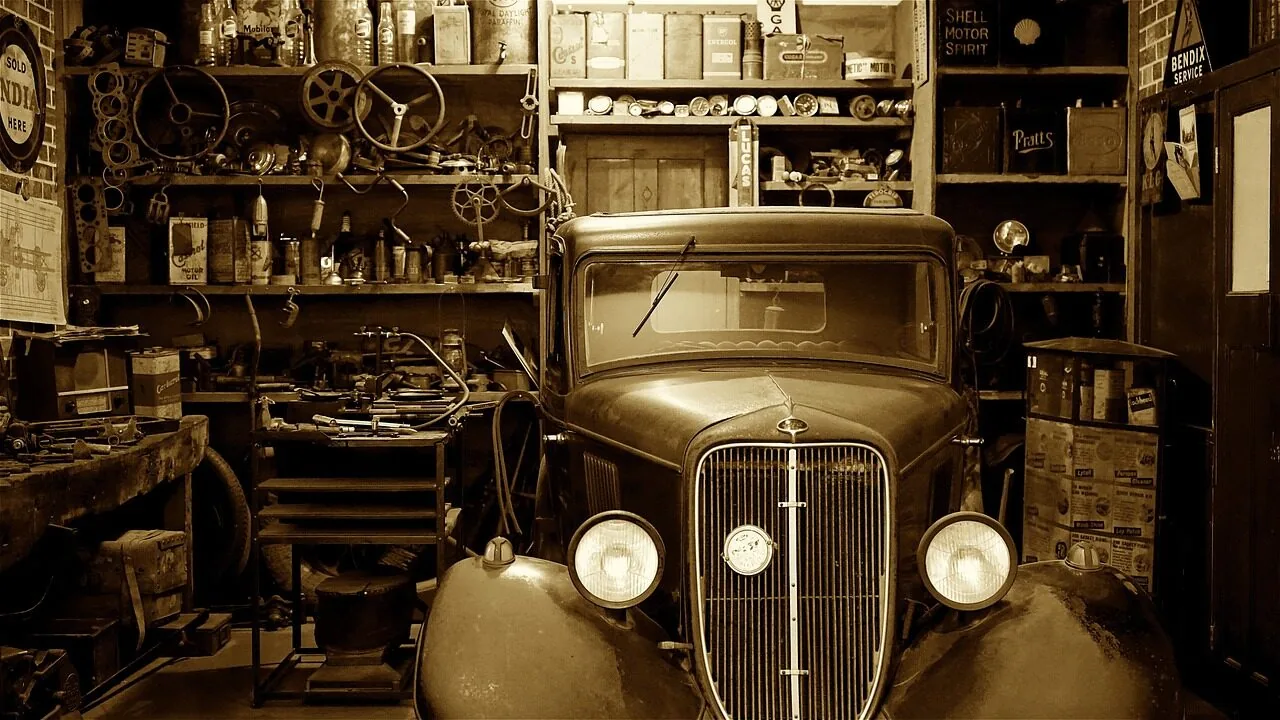 Utility cart loaded with tools and supplies in a garage workshop setting