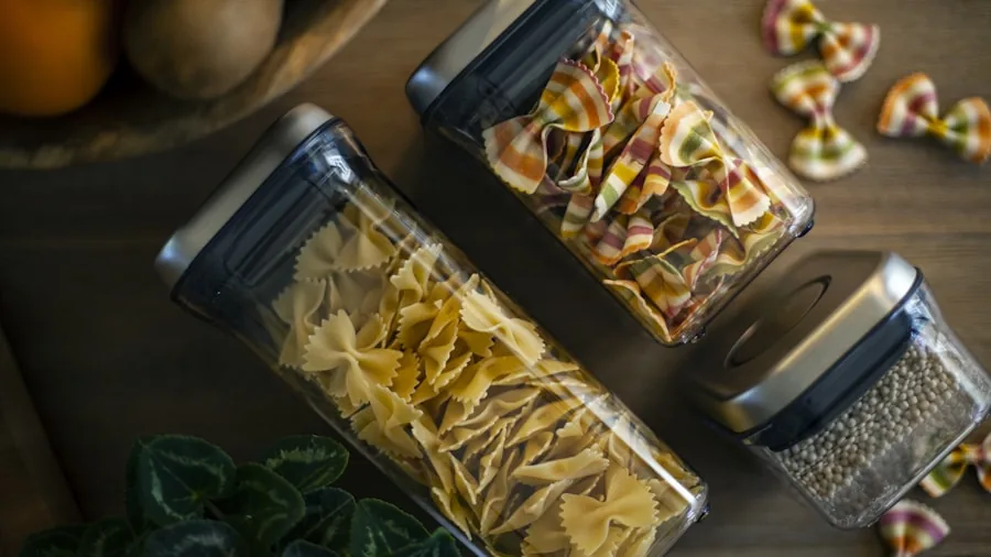 Various food storage container materials displayed in a modern kitchen setting