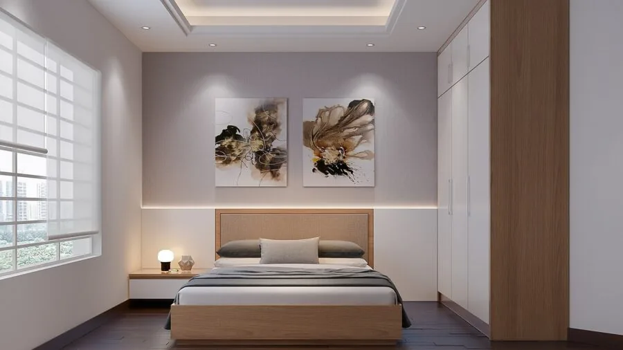 Warm bedside lamp casting soft light in a peaceful bedroom setting at dusk