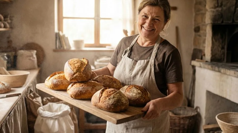 Warm kitchen scene with fresh bread baking in oven, golden light streaming through window