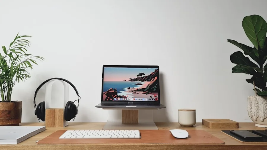 Well-organized computer desk with ample surface area for work setup and accessories