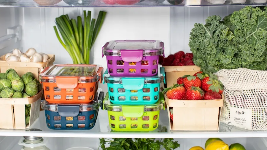 Well-organized refrigerator shelves displaying fresh produce and food storage with adjustable compartments