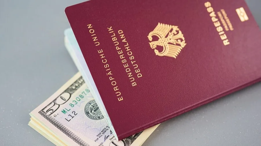 Woman organizing personal documents and ID in wallet for travel convenience