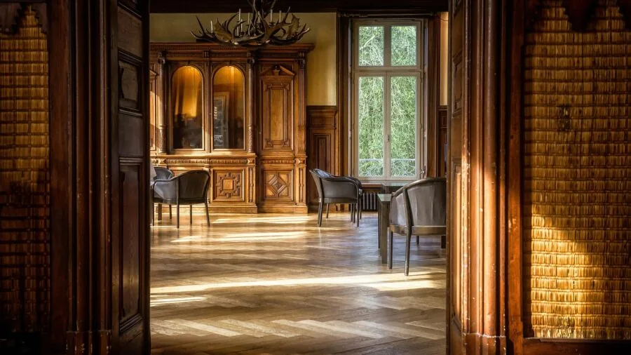 Woman using cordless vacuum to clean hardwood floor in modern living room
