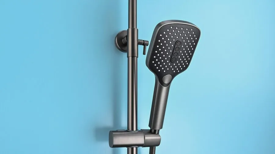 Woman washing face with water in shower, demonstrating waterproof skincare routine