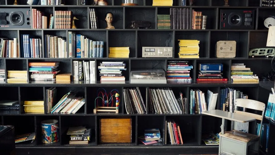 Wooden bookshelf filled with books in a cozy home library setting