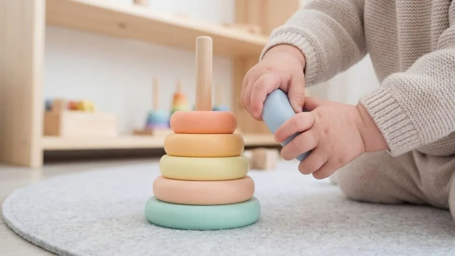 Young child engaged in hands-on sensory play with colorful educational toys on wooden floor