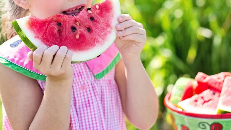 Young child enjoying a nutritious meal from a lunch box in an outdoor setting