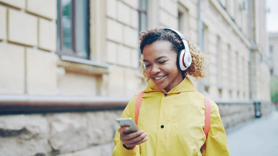 Young child wearing headphones outdoors in natural daylight, demonstrating safe audio listening practices