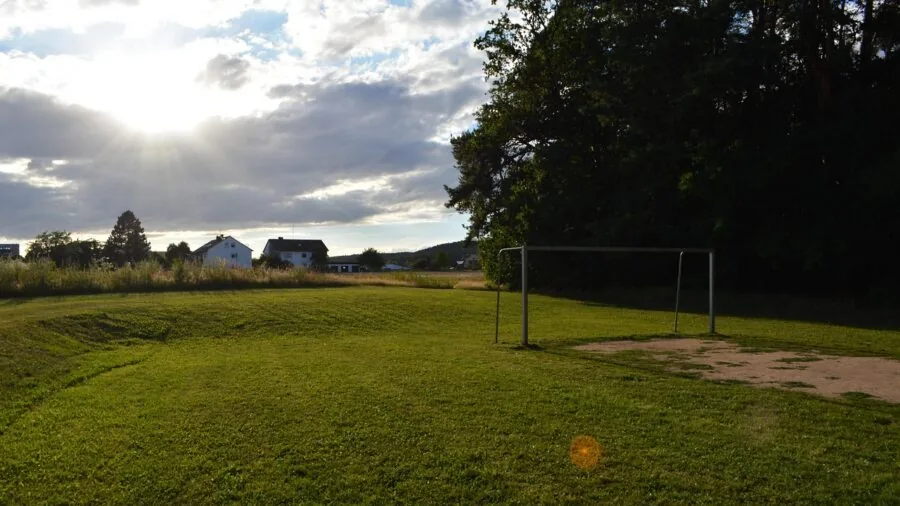Young children playing soccer on grass field with goal posts in background during daytime
